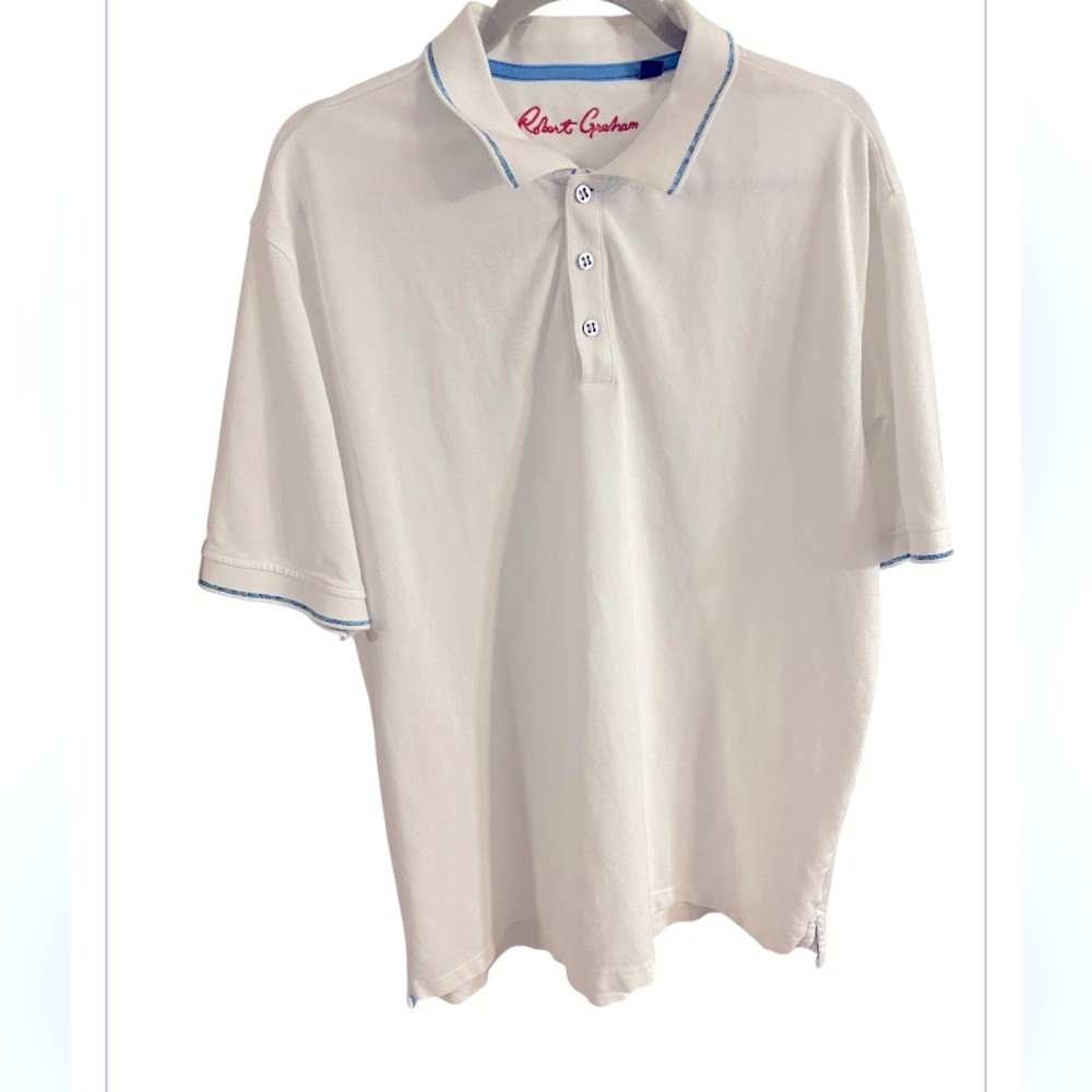 Robert Graham‎ Embroidered Polo Shirt 2XL  white with blue trim. wearable art